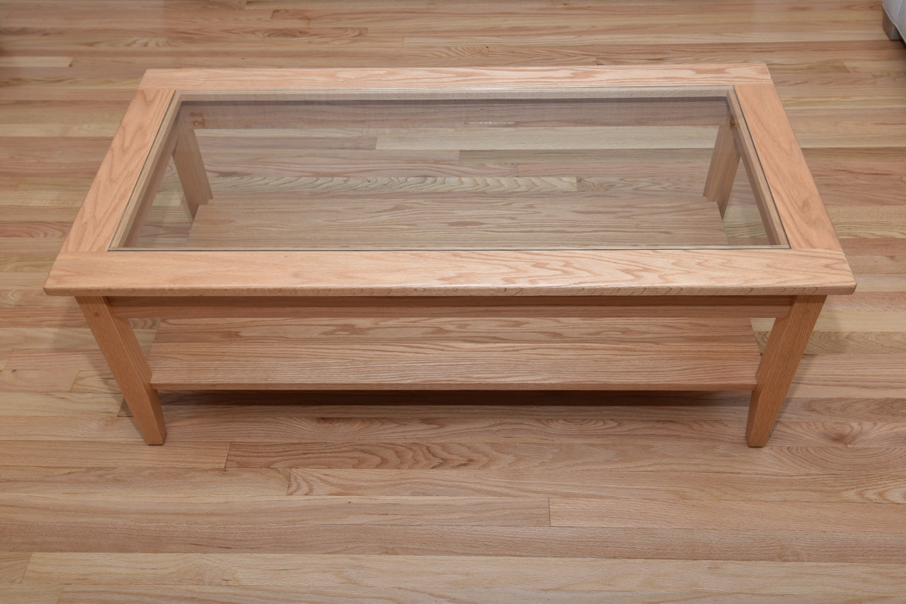 Shaker Coffee Table with Glass top and Bottom shelf 54" W x 28" D x 18" H