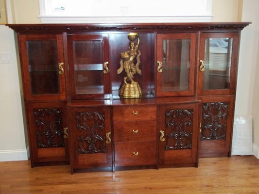 Custom Solid Cherry Cabinet with Glass Doors and Carvings