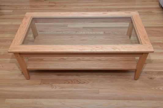 Shaker Coffee Table with Glass top and Bottom shelf 48" W x 24" D x 18" H , Can be custom built in many sizes