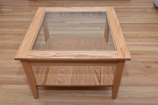Shaker Corner Table with Glass top and Bottom shelf 30" W x 30" D x 21" H, Can be custom made in many sizes